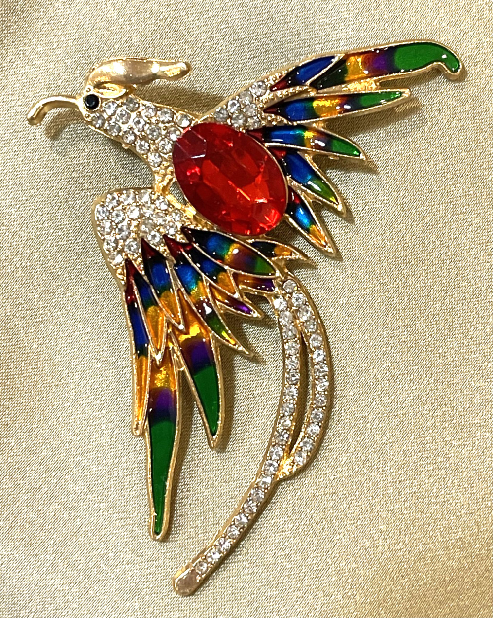 NWOT Multicolor Bird Brooch Lapel Pin Enamel Rhinestone Red Glass Gold Toned
